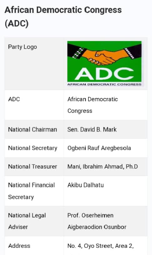 Breaking Finally Inec Recognises David Mark And Aregbeshola Led Adc